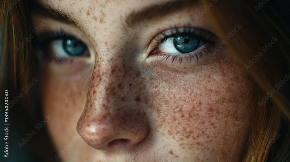 Close-up of a face with freckles and blue eyes, showcasing natural beauty and unique skin texture, representing individuality and authenticity Close-up of a face with freckles and blue eyes, showcasing natural beauty and unique skin texture, representing individuality and authenticity