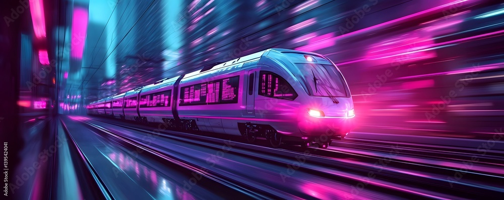 Fototapeta premium High speed train rapidly transporting goods and cargo across a futuristic cyberpunk inspired cityscape with vibrant neon lights casting colorful reflections on the urban environment