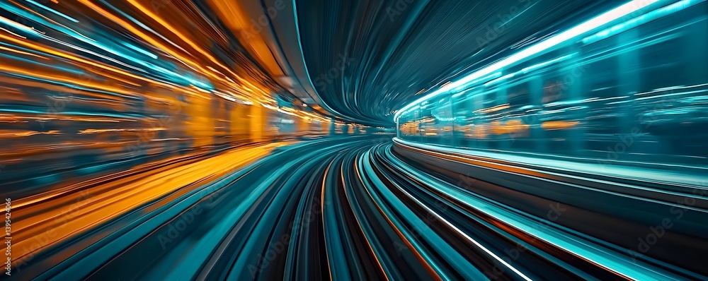 Obraz premium High speed maglev train transporting goods and cargo swiftly across a futuristic megacity backdrop with a dynamic sci fi theme and space for text overlay