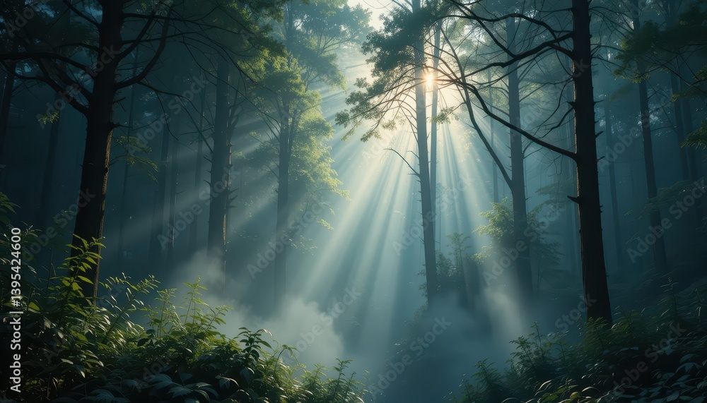 Obraz premium Soft Sunlight Breaking Through Dense Forest Trees in Morning Mist