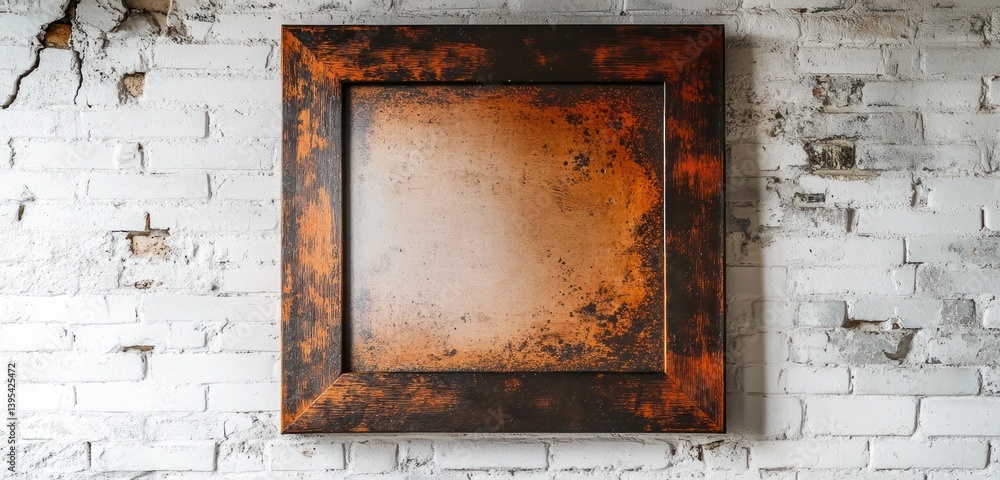 A square frame with a distressed copper finish, positioned against a whitewashed brick wall, exuding an industrial, vintage feel.