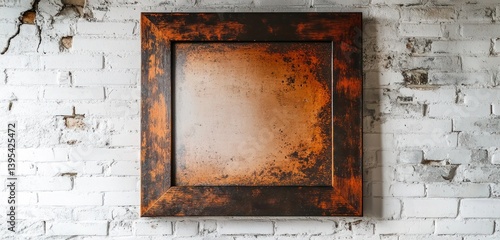 Obraz na płótnie A square frame with a distressed copper finish, positioned against a whitewashed brick wall, exuding an industrial, vintage feel. w salonie