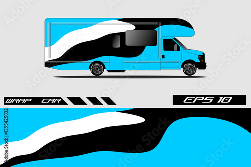 Vibrant blue and black wrapped vehicle design showcasing a modern RV with artistic patterns