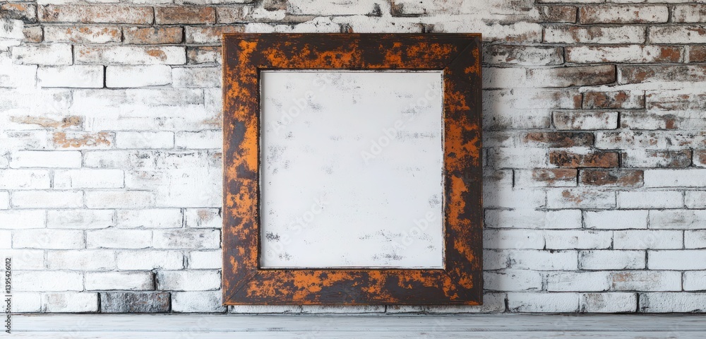 A square frame with a distressed copper finish, positioned against a whitewashed brick wall, exuding an industrial, vintage feel.