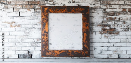 Obraz na płótnie A square frame with a distressed copper finish, positioned against a whitewashed brick wall, exuding an industrial, vintage feel. w salonie