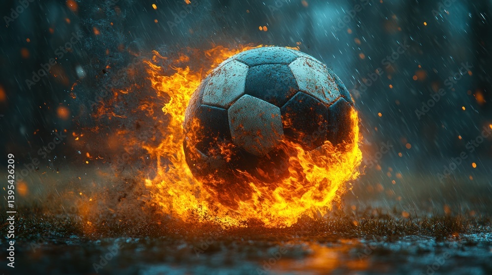 Fototapeta premium Fiery soccer ball in the rain