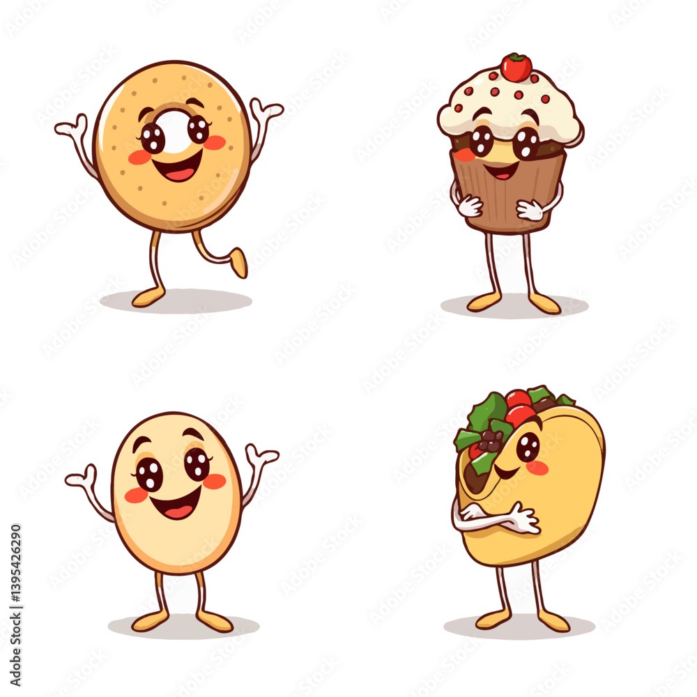 Obraz premium four cute food mascots celebrating donuts, cupcakes, and tacos high-quality vector art