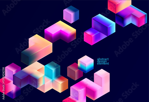 Multicolored 3D cubes. Glass iridescent geometric shape. Abstract composition