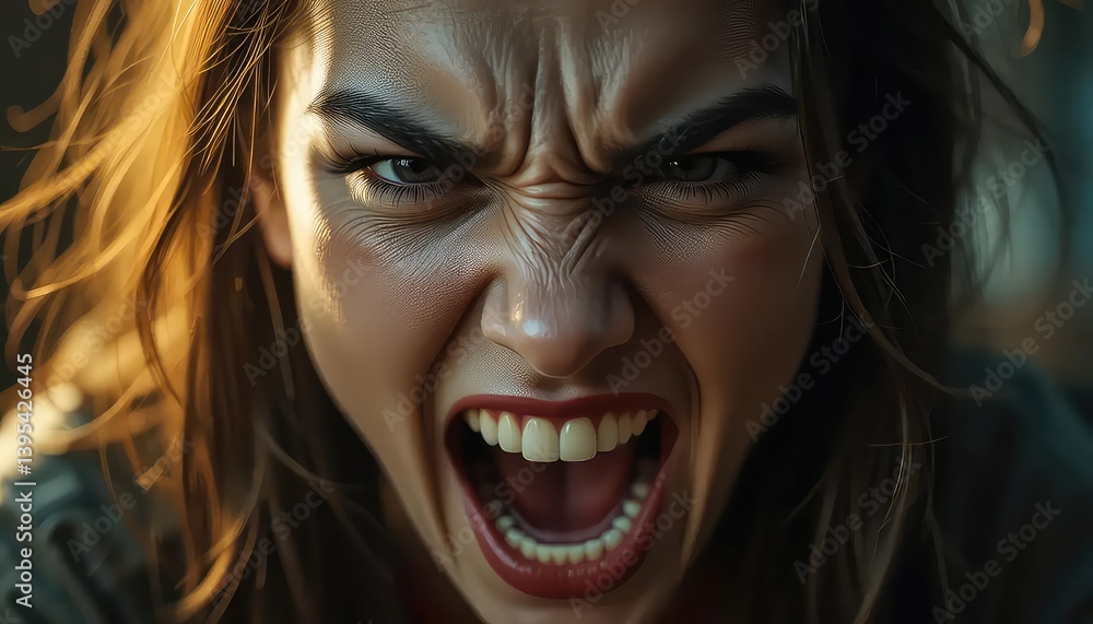 Woman's Angry Scream: Dramatic Close-up Portrait Woman's Angry Scream: Dramatic Close-up Portrait