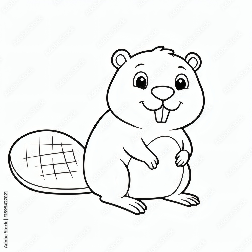 Fototapeta premium Beaver cartoon outline isolated on white background - for coloring page