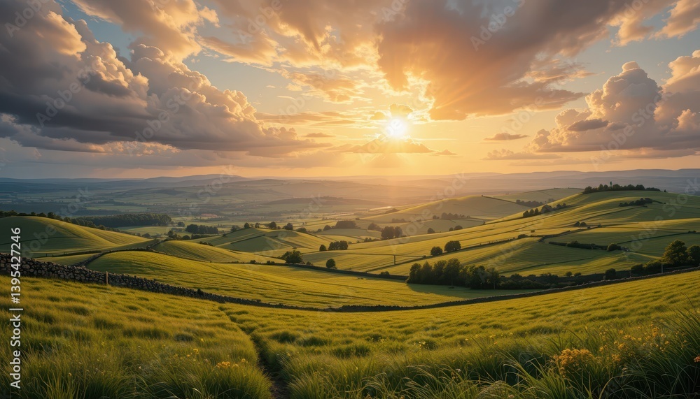 Fototapeta Serene Sunrise Over Rolling Green Hills with Dramatic Clouds