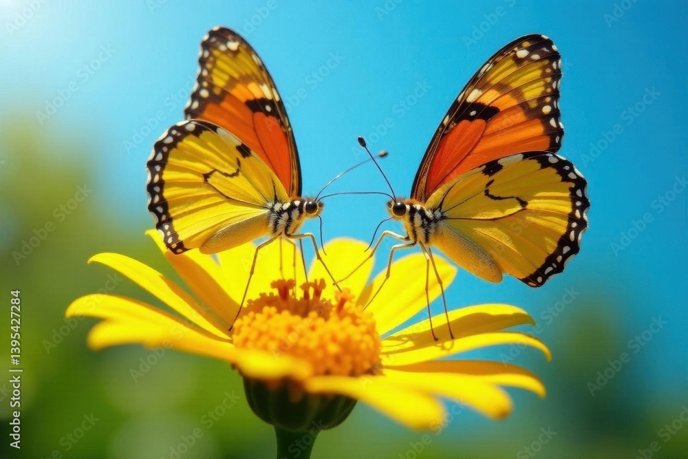 Two butterflies feeding on vibrant yellow flower, sunny day, flower, close-up Two butterflies feeding on vibrant yellow flower, sunny day, flower, close-up