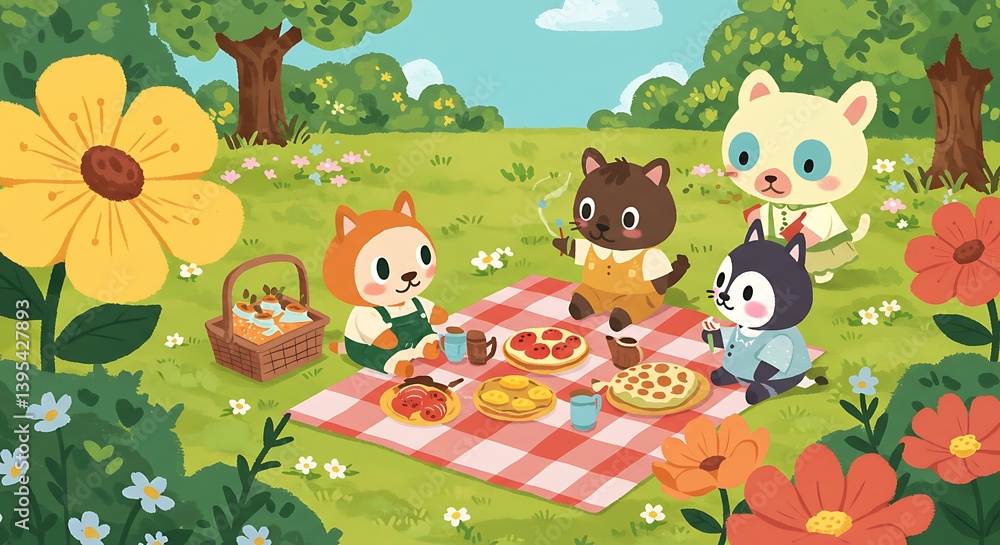 Fototapeta premium Cartoon Animals Having Picnic in Meadow Illustration