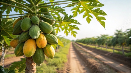 A papaya tree laden with ripe and unripe papayas.