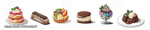 Set of different desserts, cake, tart, sundae ice cream with fruits, berries, chocolate. Vector colorful illustrations isolated on transparent background