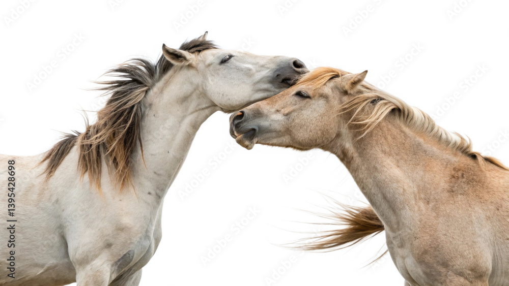 Obraz premium Two horses nuzzling each other, isolated on a transparent background.
