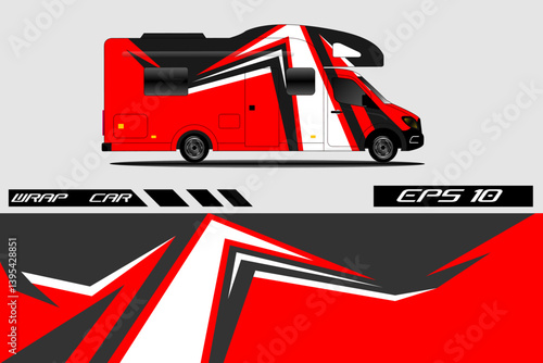 Vibrant Red and White RV Design with Dynamic Graphics on a Gray Background for Vehicle Wrapping