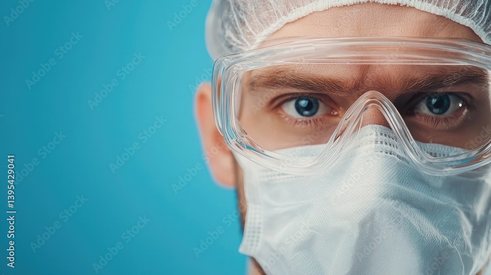 A close-up of a person wearing protective gear, including a mask and goggles, emphasizing safety and health awareness in a clinical environment. A close-up of a person wearing protective gear, including a mask and goggles, emphasizing safety and health awareness in a clinical environment.