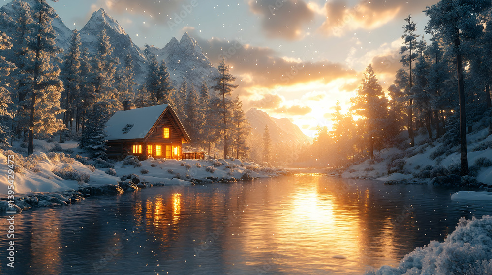 Fototapeta premium Winter cabin sunset scenic landscape