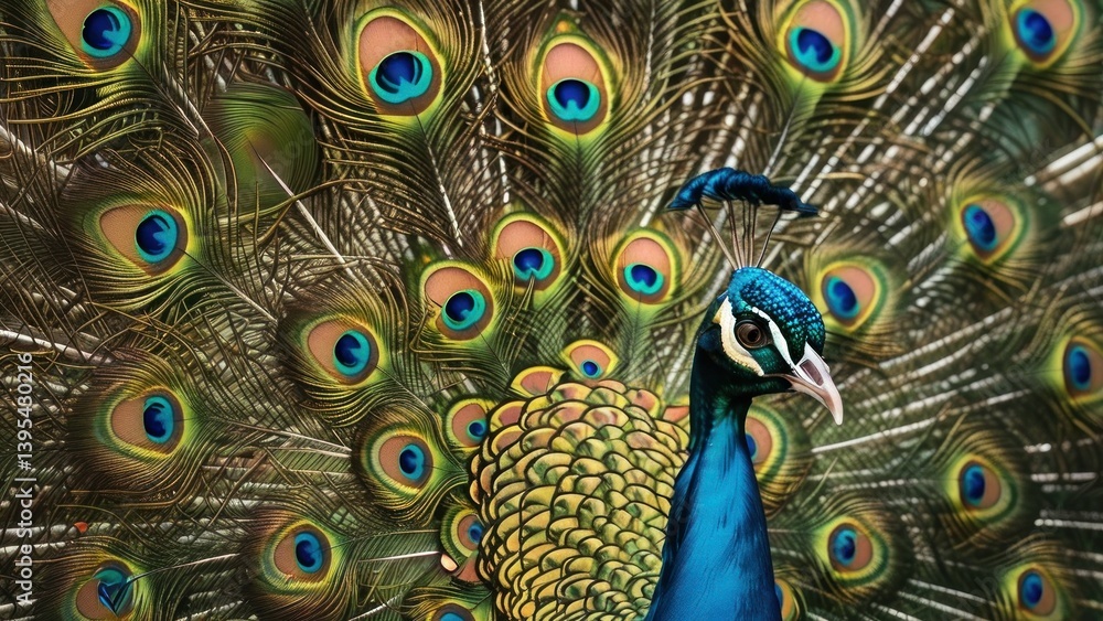 Obraz premium Vibrant peacock displays shimmering feathers, showcasing its iridescent beauty.