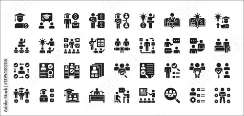 Business education icon set. Business employee coaching icons. Contains symbol of management, training, mentoring, expert, qualification, qualified worker, learning, selection. Vector illustration