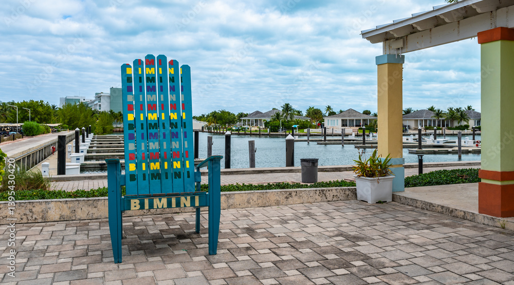 Blue Wooden Chair at Marina Bay, Bimini Island, Bahamas