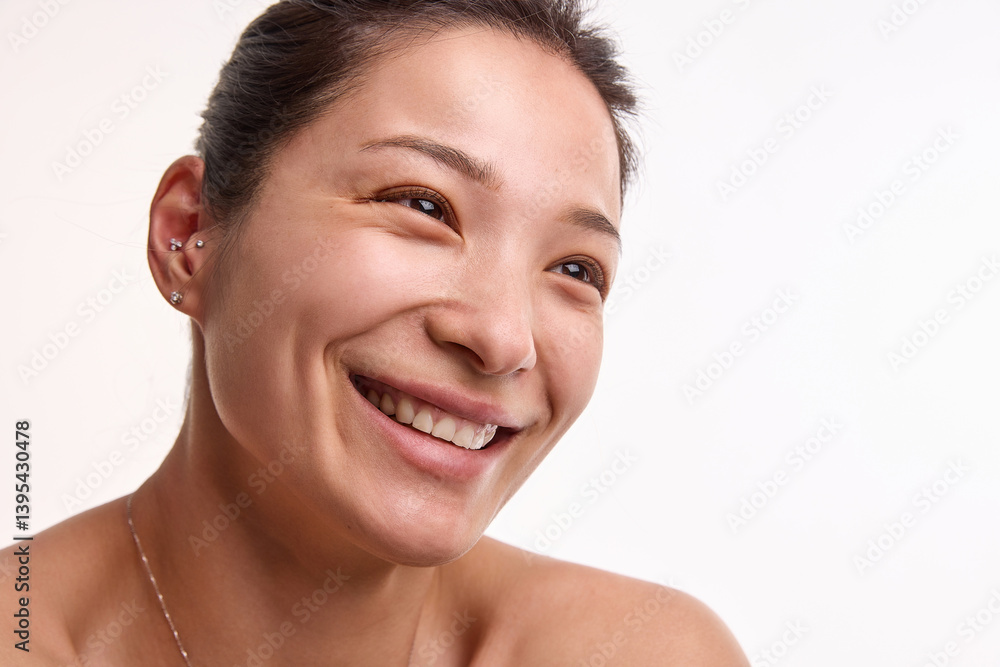 Portrait of smiling Korean woman in her 20s with brown hair, perfect smooth, spotless skin and white teeth isolated on white background. Concept of natural beauty, skin care products, cosmetics Portrait of smiling Korean woman in her 20s with brown hair, perfect smooth, spotless skin and white teeth isolated on white background. Concept of natural beauty, skin care products, cosmetics