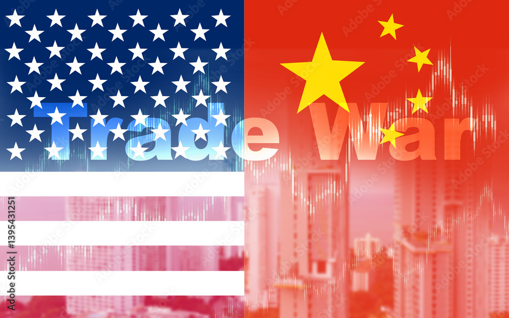 Naklejka premium Trade war symbols, Tariff barriers between US and China, USA and China flags on cracked concrete background, USA and China trade war, USA and China trade relations, Symbol of tariff trade war tax.