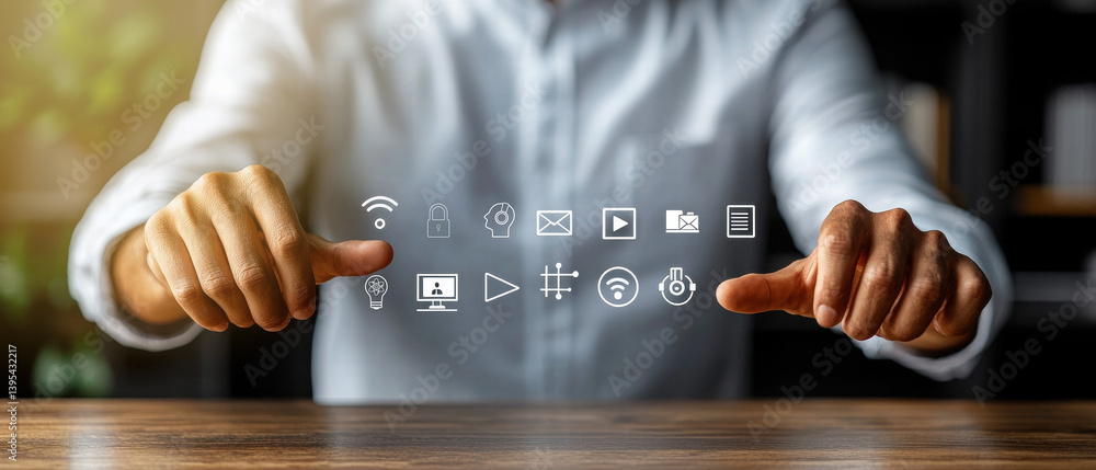 businessman interacting with digital icons representing technology and communication, showcasing modern approach to global business strategies. image conveys innovation and connectivity minimalist