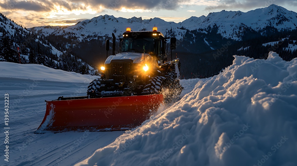 Snowplow clearing mountain road at sunset. Snowplow clearing mountain road at sunset.