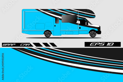 Graphic design of a blue and black striped wrap for a recreational vehicle on a neutral background