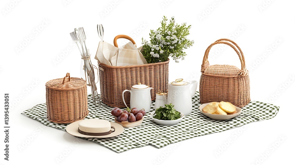 Picnic Still Life with Teapots, Baskets, Checkered Cloth on a White Background Picnic Still Life with Teapots, Baskets, Checkered Cloth on a White Background