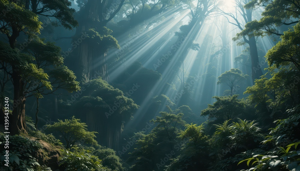 Obraz premium Sunlight Filtering Through Lush Green Trees in Serene Forest Setting