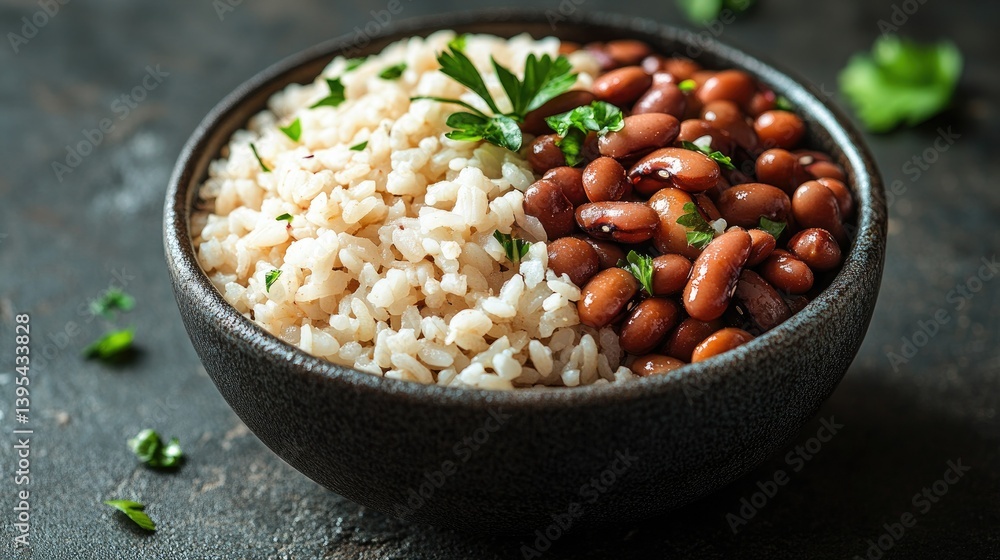 Harmony of Flavors: A vibrant bowl showcasing the perfect blend of fluffy rice and savory kidney beans, garnished with fresh herbs. Harmony of Flavors: A vibrant bowl showcasing the perfect blend of fluffy rice and savory kidney beans, garnished with fresh herbs.