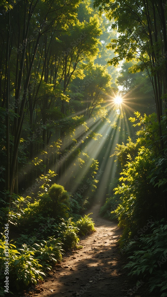 Fototapeta premium Serene Sunlight Through Bamboo Forest Path at Sunrise