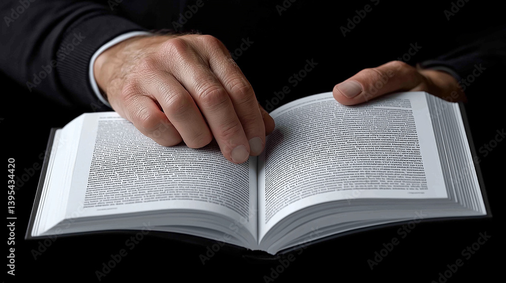 Fototapeta premium Close-up of man's hands cradling book on dark backdrop, reading concept, hands holding book, open book, black background, reading concept, male hands, knowledge symbol, study scene, dramatic lighting,