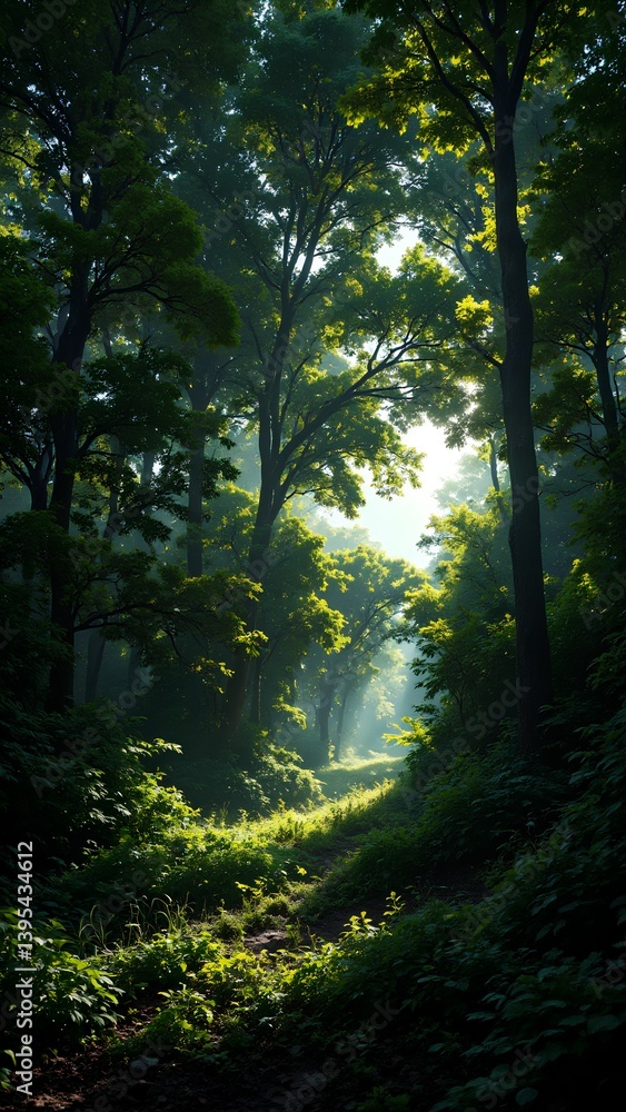 Obraz premium Serene Forest Pathway Surrounded by Lush Green Foliage and Sunlight