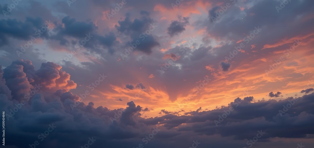 Naklejka premium Artistic sunset sky scene, bold orange and blush-pink clouds stretching across a cool blue-gray horizon, dynamic composition, dreamy lighting, dramatic dusk