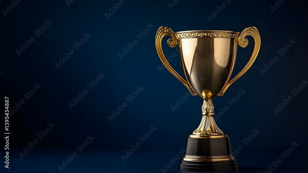 A gleaming golden trophy on a dark navy blue backdrop. A gleaming golden trophy on a dark navy blue backdrop.