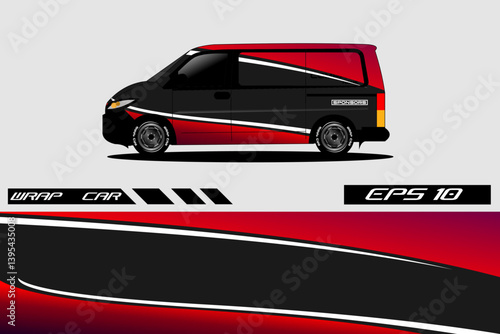 Stylishly Wrapped Van with Dynamic Red and Black Design, Set Against a Minimalist Background