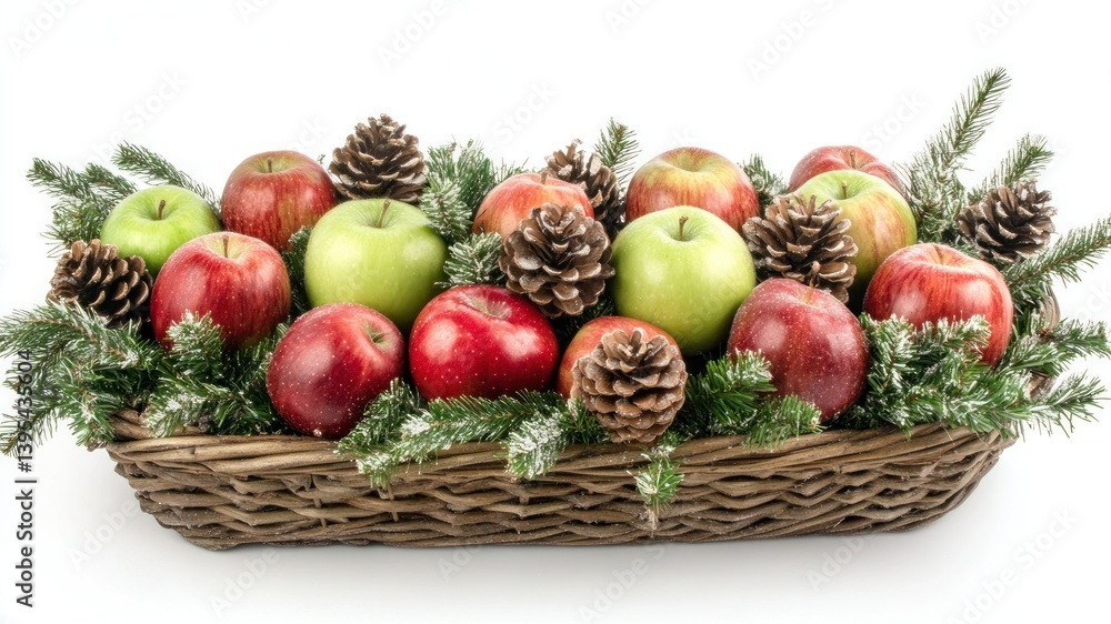 A rustic wicker basket overflowing with colorful apples and pine cones. A rustic wicker basket overflowing with colorful apples and pine cones.