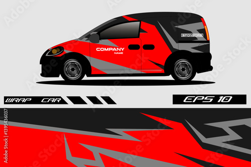 Stylish red and black wrapped delivery van with dynamic graphics, parked on a city street