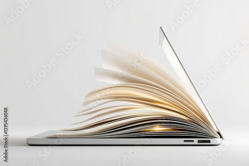 Creative blend of technology and literature featuring an open laptop with pages turning, showcasing innovation in education and digital reading