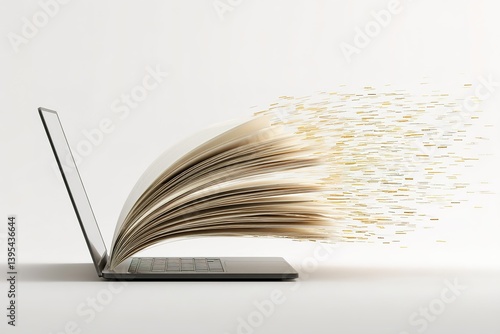 Digital transformation of reading with a laptop and flying pages symbolizing knowledge