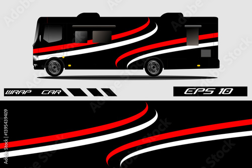 Sleek black and red motorhome design showcasing modern vehicle wrap with dynamic patterns