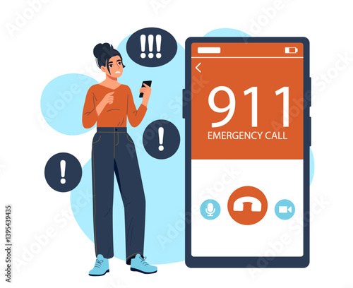 Woman calling 911 in emergency scene. Vector illustration