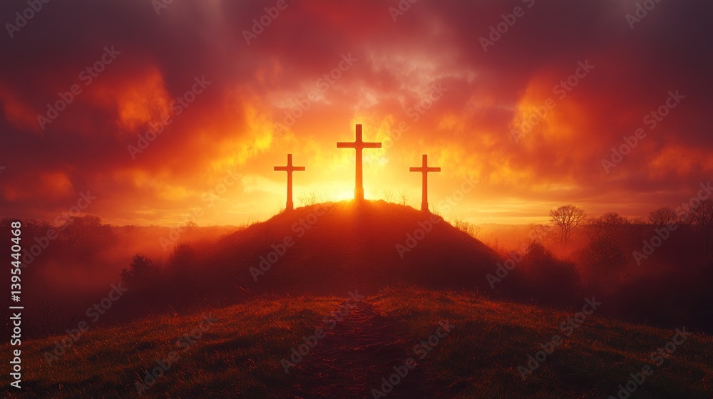 Obraz premium Three crosses silhouetted against a dramatic sunset on a hilltop.