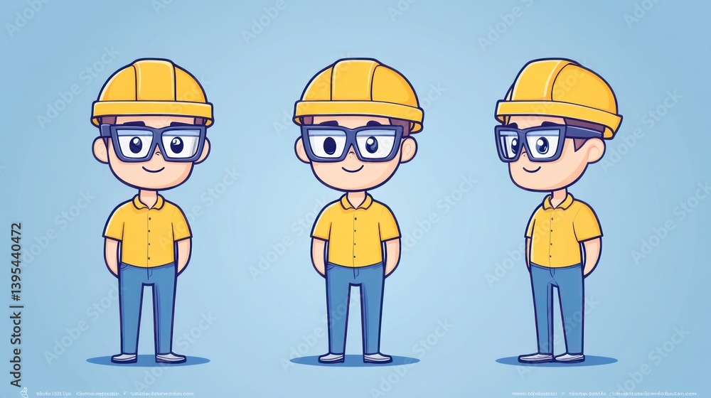 Three cute cartoon construction worker characters in different poses. Three cute cartoon construction worker characters in different poses.