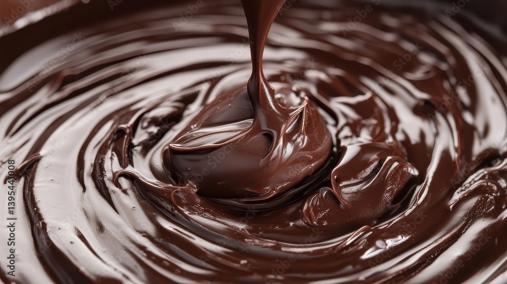 Melted dark chocolate pouring and creating swirls in a bowl Melted dark chocolate pouring and creating swirls in a bowl