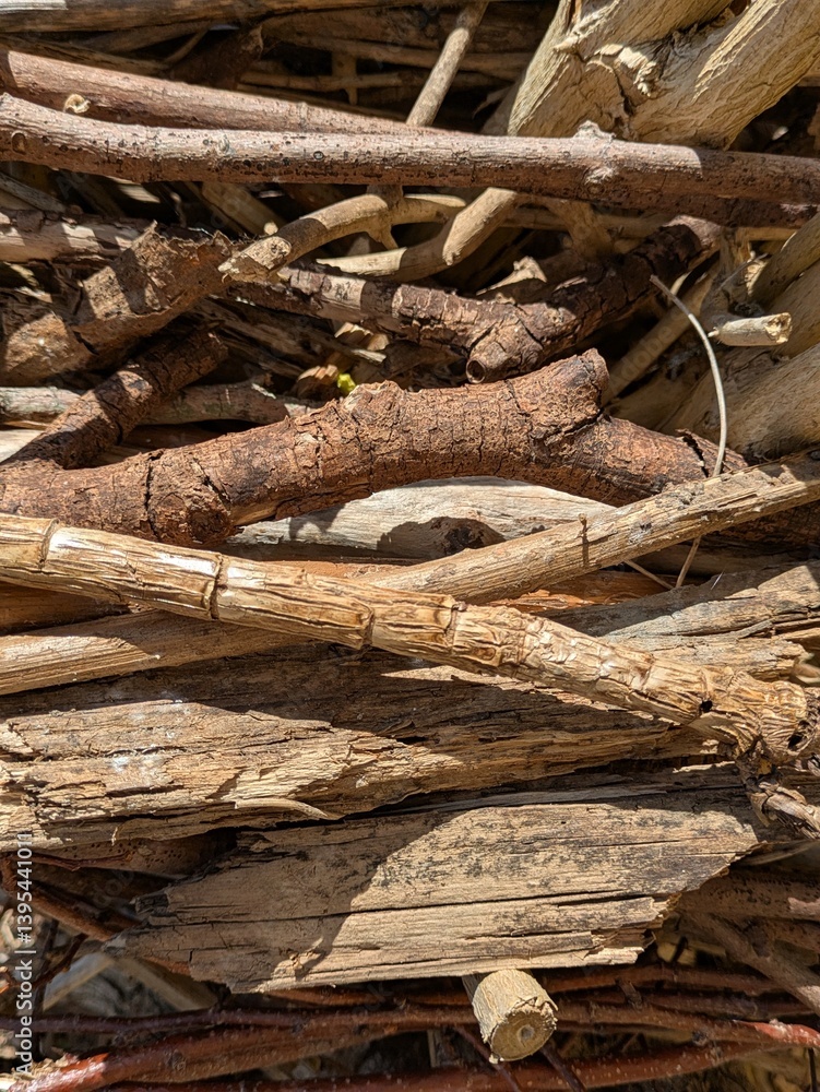 Fototapeta premium Pile of dried sticks and small branches in a organised line in the garden